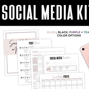 May include: A printable social media kit with a blush pink and white color scheme. The kit includes a post planner, a monthly social media focus tracker, a social media breakdown, and a social media post calendar.