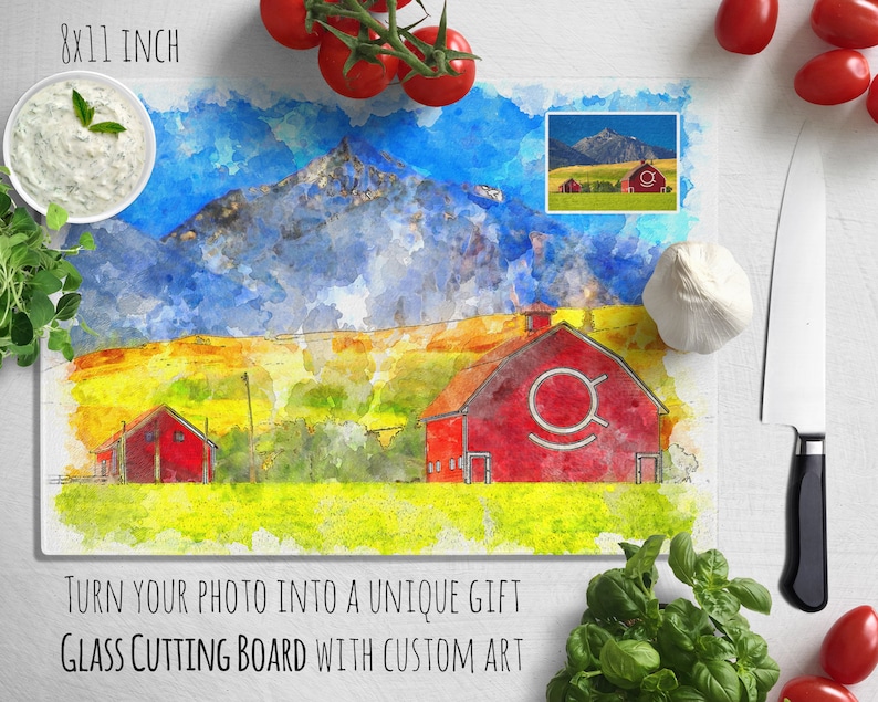 Glass Cutting Board Chopping Board Kitchen Decor Farmhouse Barn Portrait Moving Gift Realtor Gift Watercolor Painting Chef Gift Digital Art