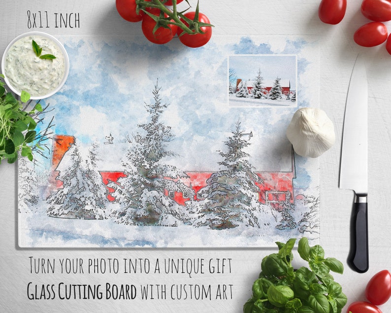Glass Cutting Board Chopping Board Kitchen Decor Farmhouse Barn Portrait Moving Gift Realtor Gift Watercolor Painting Chef Gift Digital Art