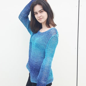 Feels very soft women&#39;s pullover,  Long sleeve,  Light blue shades of the ocean sweater,  Off shoulder sweater, Soft women&#39;s cotton pullover