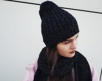 Black knit silver metallic beanie & shawl, Knitted long scarf for women, Extra long Lurex shawl and cap, Gift idea for her, Ready to ship
