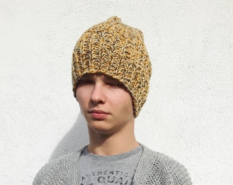 Mustard Buggy Hat, Chunky hat, Stocking knit hat, Handmade knit beanie, Gift for Him, Slouchy hat, Unisex beanie ,OOAK,  Ready to ship