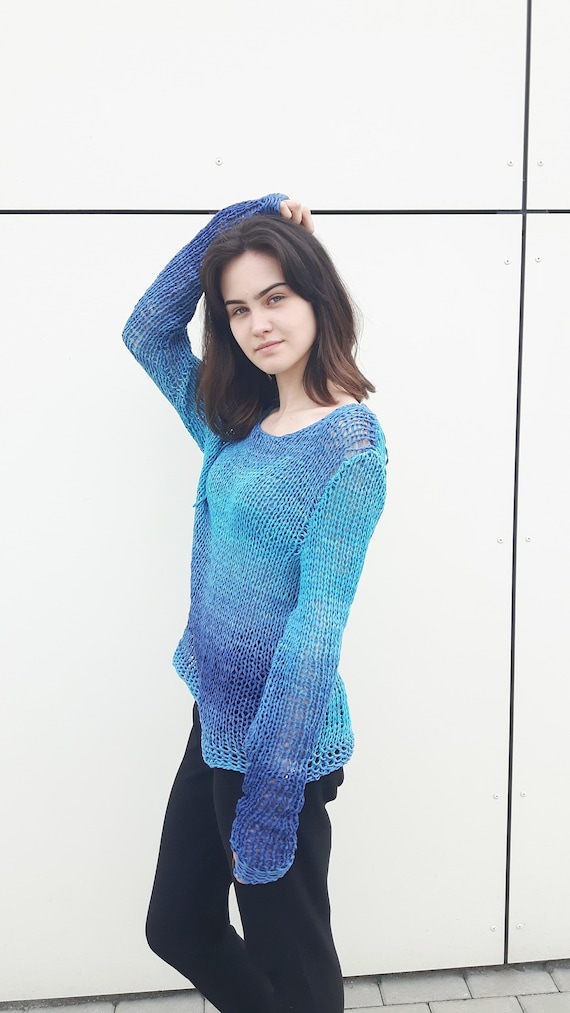 Feels very soft women's pullover,  Long sleeve,  Light blue shades of the ocean sweater,  Off shoulder sweater, Soft women's cotton pullover