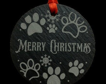 Merry Christmas Paw Prints Slate Christmas Ornament Laser Engraved