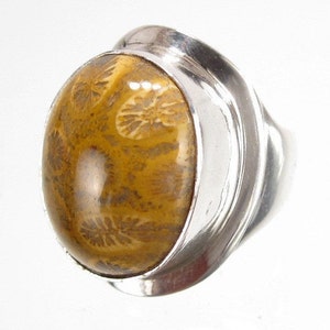Fossil Coral Ring~ fossil ring~hand made solid silver~statement ring~natural undyed gemstone~ symbol agate~size 6