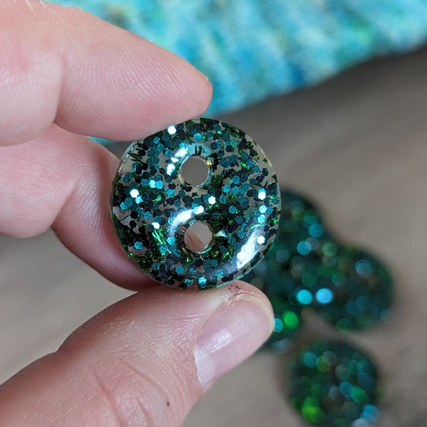 24mm Deep Green Glitter Handmade Resin Buttons Set of 6 - Unique One of a Kind