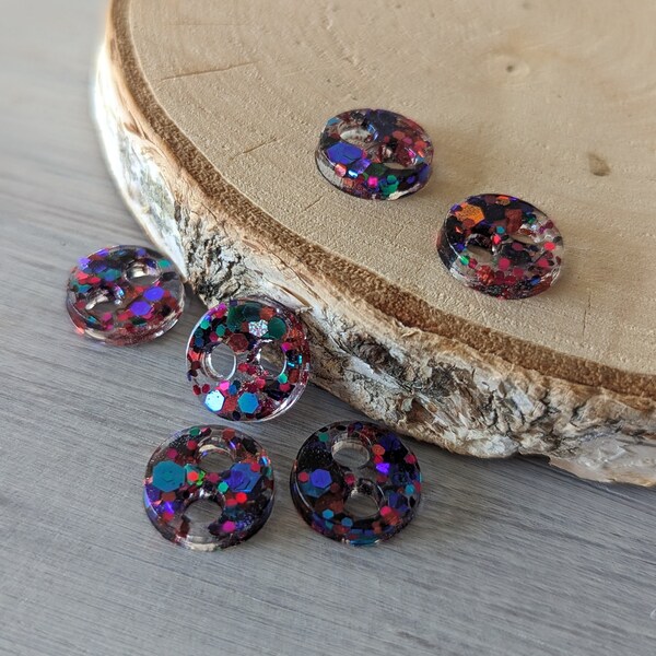 14mm Handmade Resin Buttons Set of 6 - Magenta and Teal Chunky Glitter Unique One of a Kind