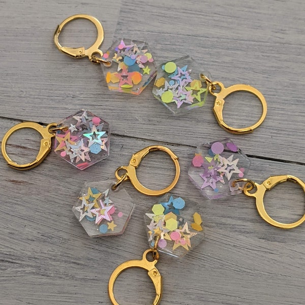 Neon Star Multi-Color Glitter Drop and Hexagon Resin Progress Keeper Stitch Marker Gold Clasp