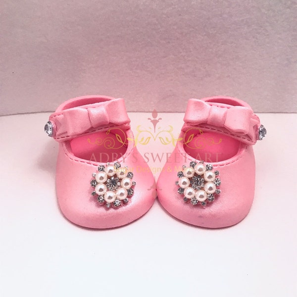 Gum Paste Baby Girl Shoes With Rhinestones Flower Cake Topper