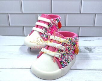 Gum Paste Baby Girl Rhinestones and Candies Sneakers Cake Topper