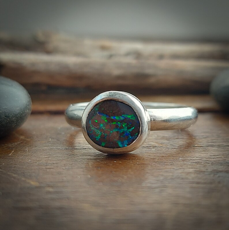 Size 8.5 Boulder opal ring. Made from recycled fine silver and sterling silver. Handmade in Canada. Minimalist ring. 184 image 2