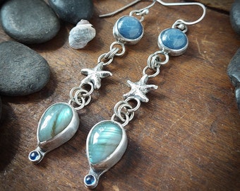 Dangle earrings with starfish, kyanite and labradorite. Recycled Fine and Sterling silver. Made in Canada. Shoulder huggers. 142