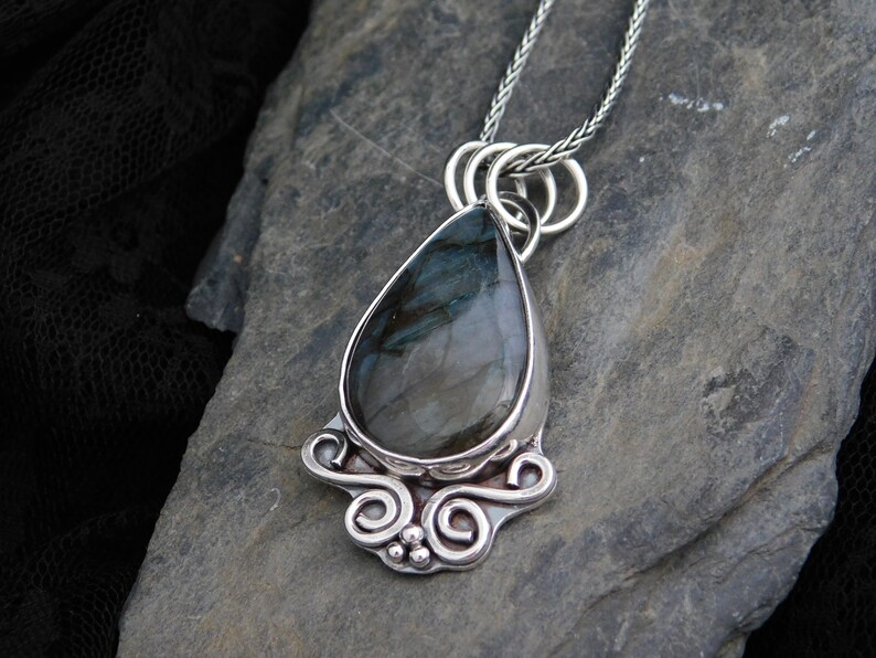 with sterling silver chain Blue-green gemstone Labradorite pendant necklace 035 Statement jewelry Handmade