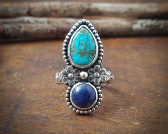 Size 9-  Kingman turquoise and sodalite ring, flower ring,  recycled sterling silver, 0.925, 149