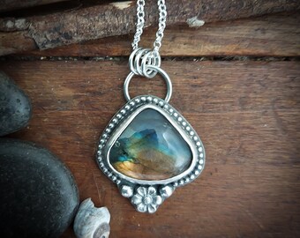 Triangle Labradorite Pendant with flower. Recycled Sterling and fine silver. Multi-colored labradorite. HandMade in Canada. 146