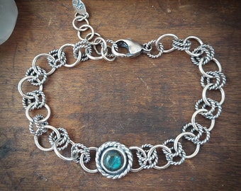 Handmade labradorite chain bracelet. Recycled Sterling silver. Multi components link bracelet. Made in Canada. Something blue. 109