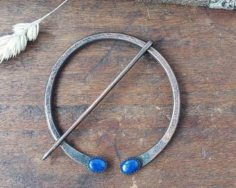 Lapis lazuli Penannular brooch -  Solid Copper - Celtic brooch - Shawl pin - Knit brooch - Medieval brooch. 117