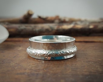 Sterling silver spinner ring, floral pattern. Fidget ring, meditation ring. Wedding band. Made to order at your size.