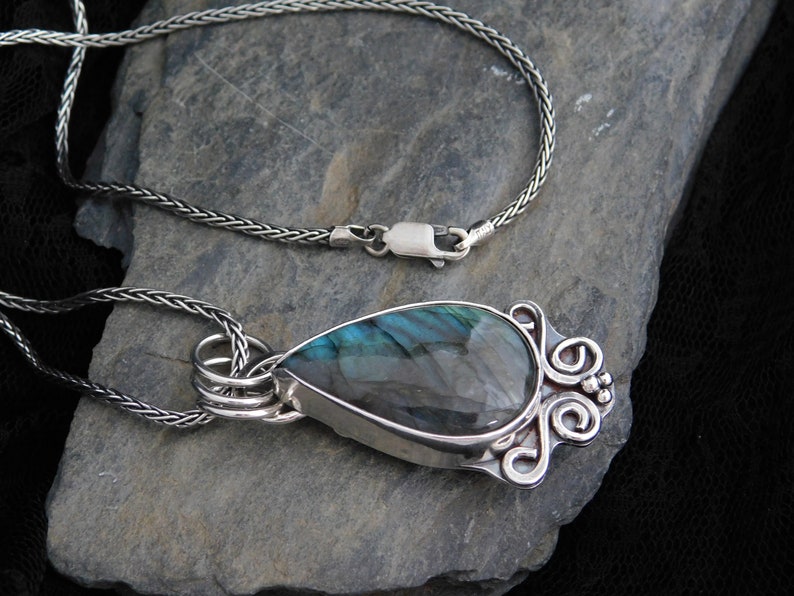 with sterling silver chain Blue-green gemstone Labradorite pendant necklace 035 Statement jewelry Handmade