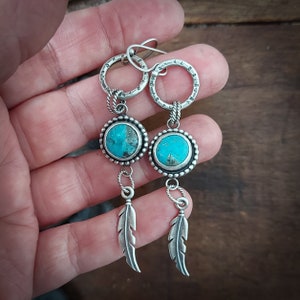Kingman turquoise earrings with circles and feathers. Recycled Sterling silver. Dangle earrings. Handmade in Canada. 110 image 3