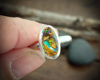 Size 9 - Boulder opal ring. Made from recycled fine silver and sterling silver. Handmade in Canada. Minimalist ring. 186
