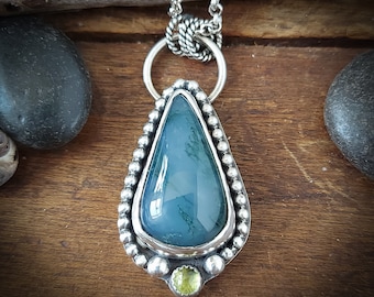 Moss agate necklace with peridot. Recycled fine silver and sterling silver. Into the woods collection. Handmade in Canada. 150