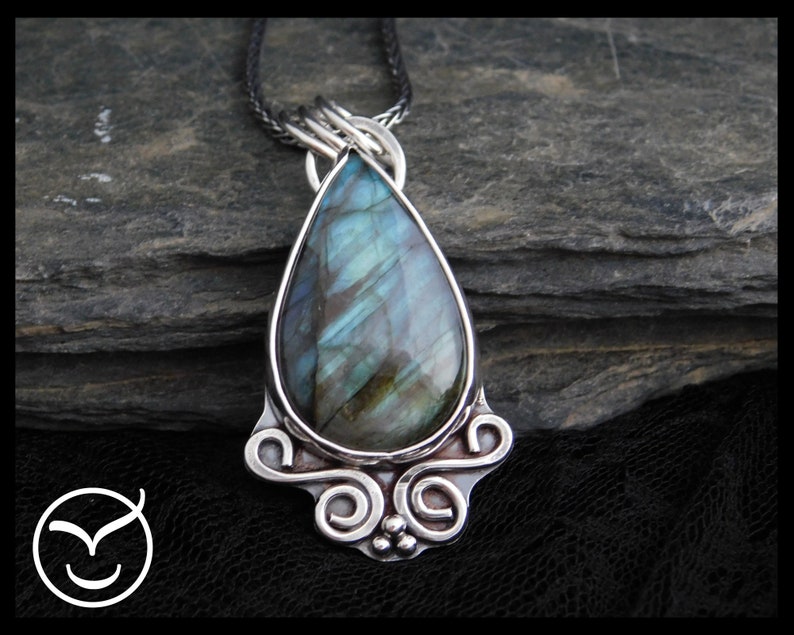 with sterling silver chain Blue-green gemstone Labradorite pendant necklace 035 Statement jewelry Handmade