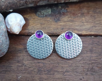 Amethyst ear jackets, knit pattern, recycled sterling silver. Ready to ship. Post earrings. 3 in 1 earrings. 122