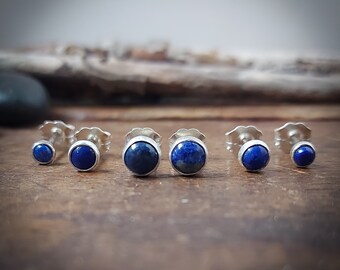 Trio of Blue lapis lazuli studs, 3, 4 and 5mm, sterling silver bezel. Ready to ship. Post earrings. Something blue. 156