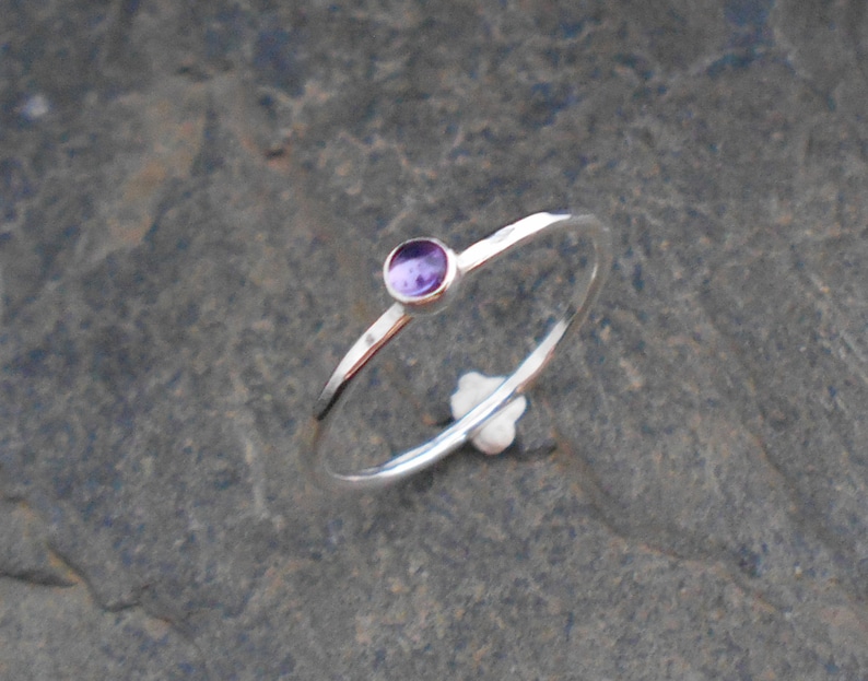 Skinny ring 1.2 mm ring thin ring February birthstone ring hammered stacking ring. Amethyst Skinny sterling silver ring