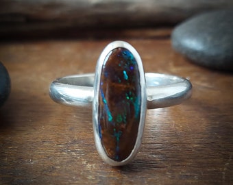 Size 10 - Boulder opal ring. Made from recycled fine silver and sterling silver. Handmade in Canada. Minimalist ring. 187