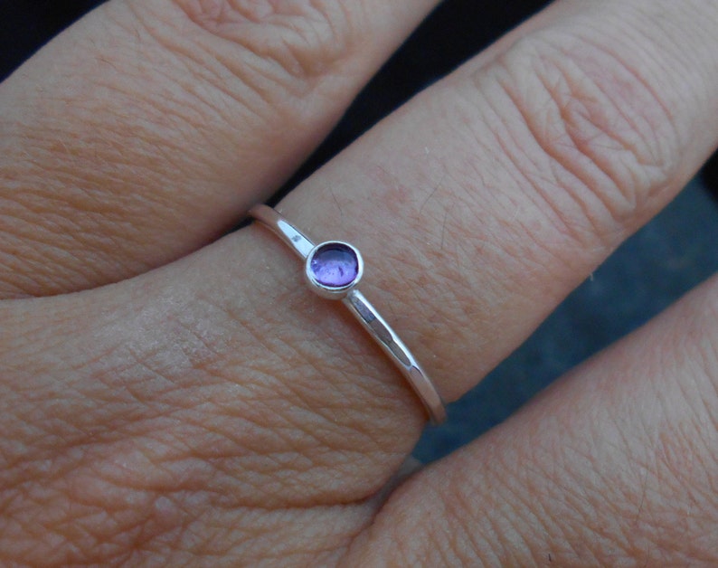 Skinny ring 1.2 mm ring thin ring February birthstone ring hammered stacking ring. Amethyst Skinny sterling silver ring