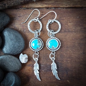 Kingman turquoise earrings with circles and feathers. Recycled Sterling silver. Dangle earrings. Handmade in Canada. 110 image 1