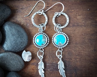 Kingman turquoise earrings with circles and feathers. Recycled Sterling silver. Dangle earrings. Handmade in Canada. 110