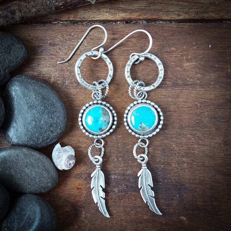 Kingman turquoise earrings with circles and feathers. Recycled Sterling silver. Dangle earrings. Handmade in Canada. 110 image 1