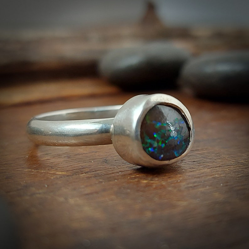 Size 8.5 Boulder opal ring. Made from recycled fine silver and sterling silver. Handmade in Canada. Minimalist ring. 184 image 4