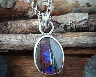 Boulder opal pendant. Made from recycled fine silver and sterling silver. Handmade in Canada. Australian opal. Minimalist necklace. 190