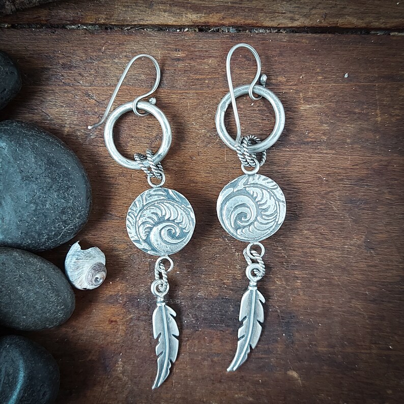 Kingman turquoise earrings with circles and feathers. Recycled Sterling silver. Dangle earrings. Handmade in Canada. 110 image 2