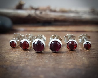 Trio of garnet stud earrings, 3, 4 and 5mm, sterling silver bezel. Ready to ship. Post earrings. January birthstone. 164