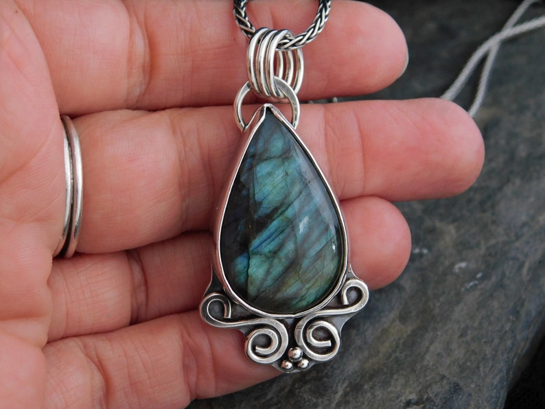 with sterling silver chain Blue-green gemstone Labradorite pendant necklace 035 Statement jewelry Handmade