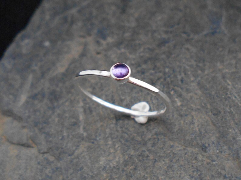 Skinny ring 1.2 mm ring thin ring February birthstone ring hammered stacking ring. Amethyst Skinny sterling silver ring