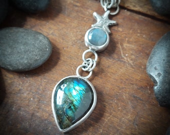 Pendant with starfish and labradorite. Recycled Sterling silver. Made in Canada. 143