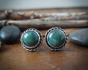 Round green moss agate stud earrings. 10mm stone. Recycled Sterling silver. Made in Canada. Into the forest collection. Spring fashion. 180