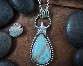 Larimar and starfish pendant. Recycled Sterling silver. Drop of hope. Made in Canada. 101