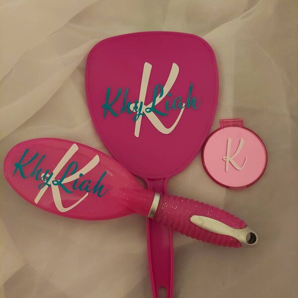 Personalized hairbrush , pocket mirror  and regular mirror personalized according to your instructions.  Made to order please see difference