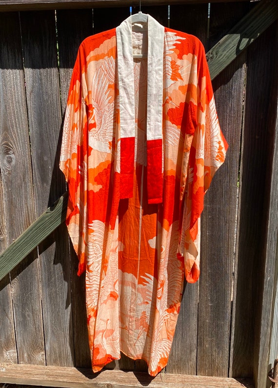 Vintage Silk Kimono 30s Crane Print