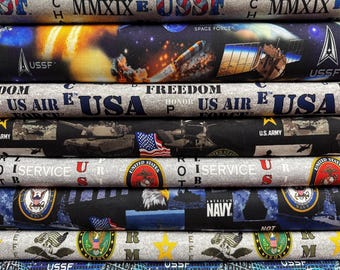 US Military Branches Cotton Fabric - 44" Wide - 100% Cotton - Sold by The Yard - for Veterans, Crafting, Quilting, Banners, Flags, Bandanas