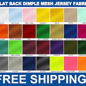 May include: A color chart of 24 different colors of flat back dimple mesh jersey fabric. The colors are arranged in four rows of six colors each. The colors include white, sky blue, baby pink, canary, gold, taupe, mint, orange, Texas orange, red, Kelly green, Vegas gold, royal blue, fuchsia, teal, lime green, maroon, burgundy, purple, olive, hunter green, charcoal, silver, navy, black, neon yellow, neon pink, and neon orange.