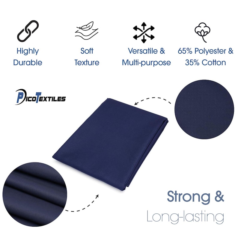 May include: A navy blue fabric swatch with a close-up of the texture. The fabric is described as highly durable, soft, versatile, and made of 65% polyester and 35% cotton.