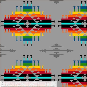 May include: A repeating pattern on a gray background featuring geometric designs in vibrant colors. The design includes orange, red, yellow, black, and turquoise shapes, with accents of blue and green. The pattern is reminiscent of Native American textiles.